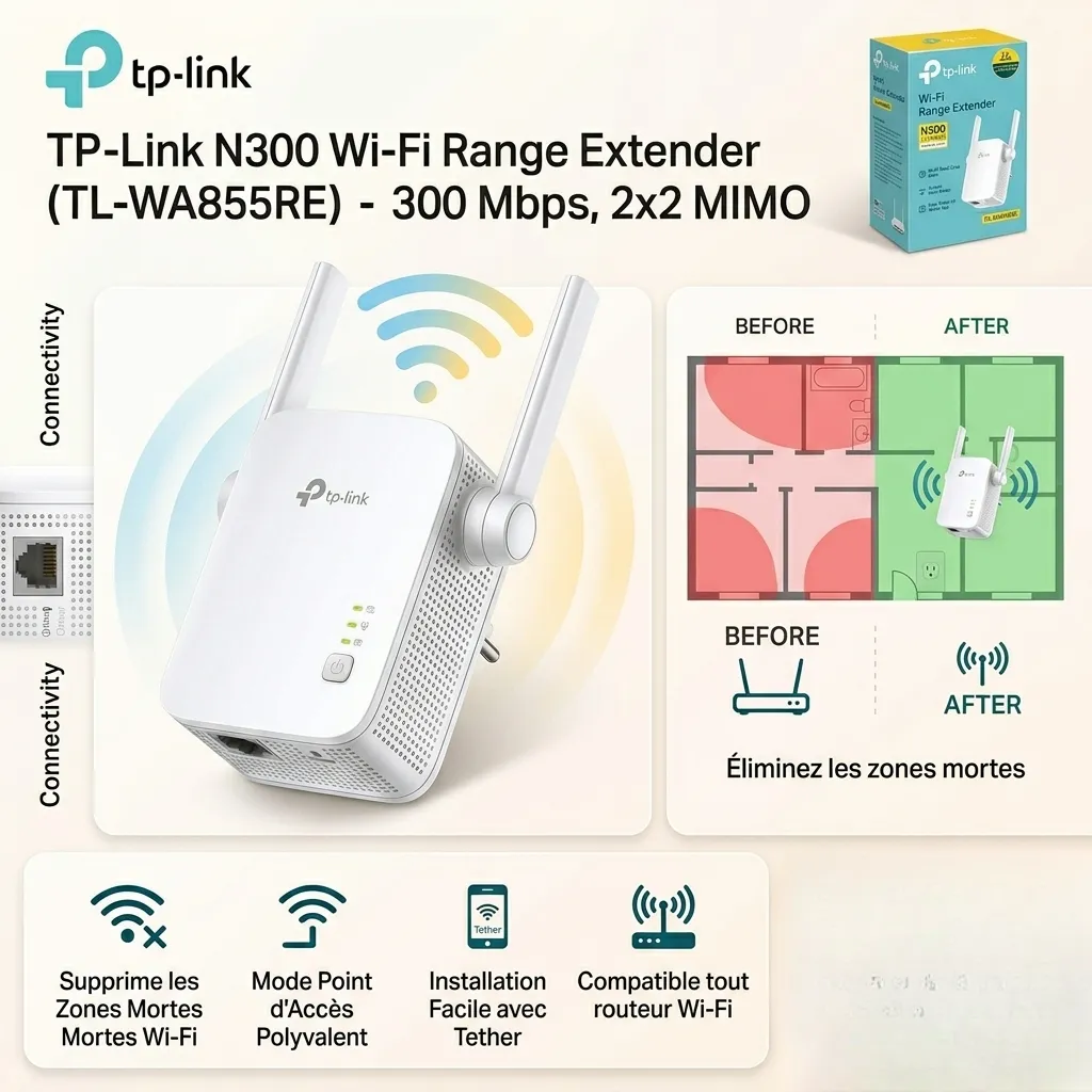 TP-Link Wifi Range Extender N300, Répéteur Wi-Fi / Point d'accès 300Mbps TL-WA855RE 2.4GHz