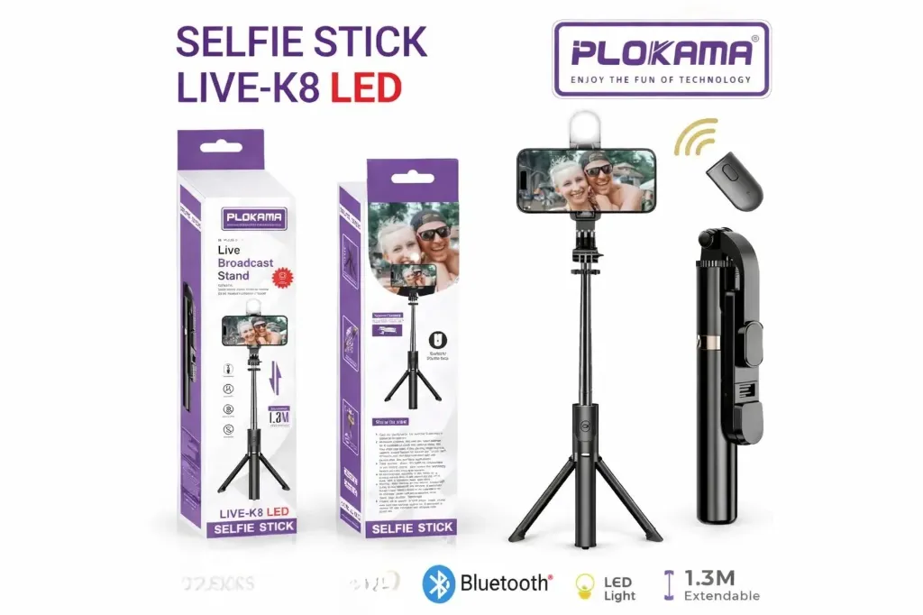 PLOKAMA LIVE‑K8 LED – Selfie Stick Bluetooth 5.1 avec Trépied & Lumière Intégrée
