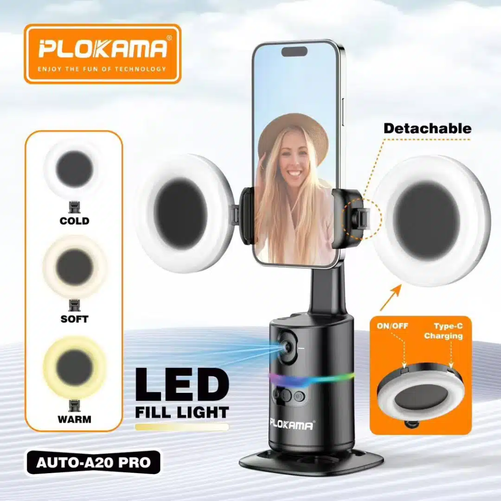 Stabilisateur Plokama AUTO-A20 Gimbal avec suivi automatique du visage et prise de vue intelligente à 360° (3M