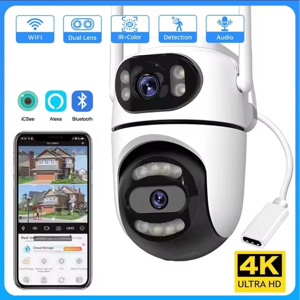 Caméra de surveillance WiFi 4K Ultra HD icses avec double objectif IR + couleur et audio pour la sécurité domestique