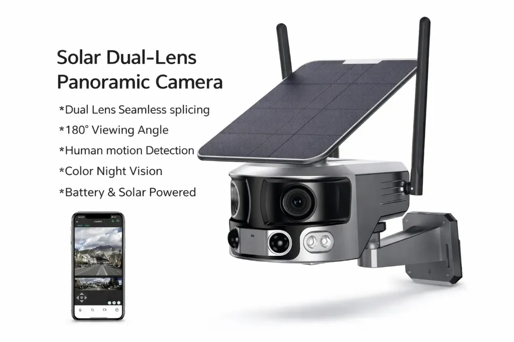 Caméra extérieure sans fil 4K 4G avec panneau solaire,double objectif, caméra PTZ 360° avec suivi automatique, détection de mouvement PIR, zoom 10x, vision nocturne couleur - Y6