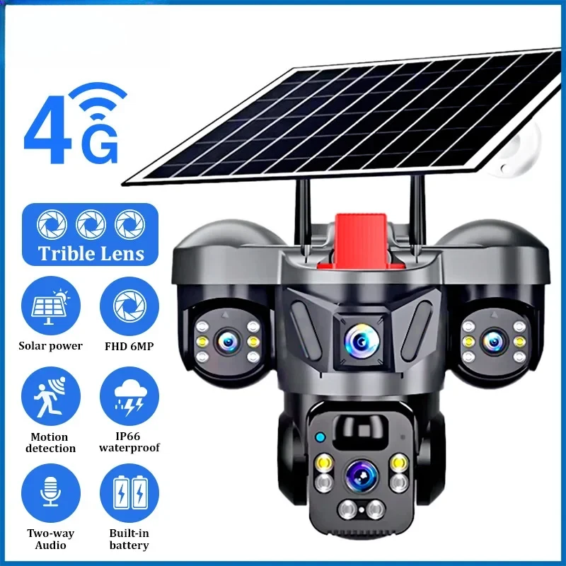 Caméra extérieure PTZ V380 Pro 6MP WIFI 4G solaire Caméra de sécurité domestique à triple objectif
