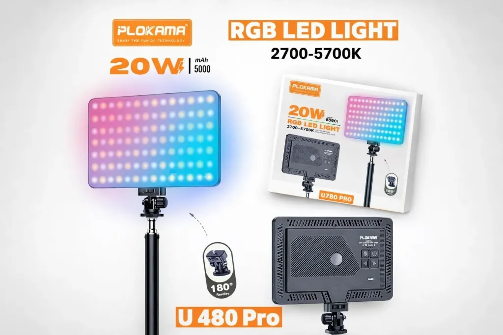 Plokama U480 PRO 20W RGB LED Lumière de Remplissage Photographique Portable avec Batterie Rechargeable Intégrée de 5000mAh Intensité Lumineuse Réglable en Continu 2700-5700K, Lumière de Remplissage LED pour DSLR Caméscope Chargeur Type-C