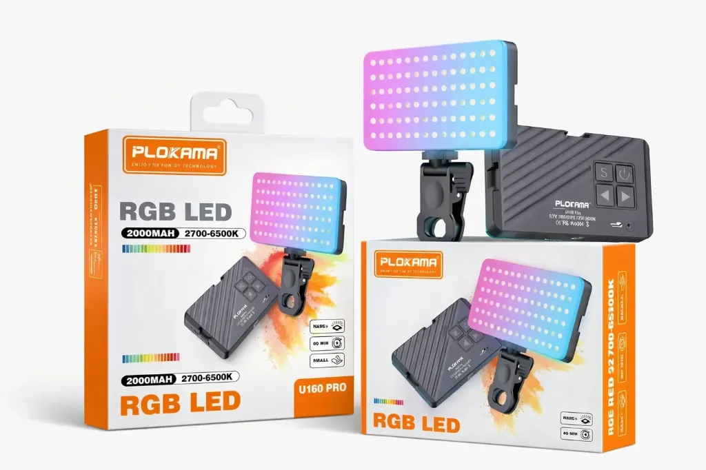 Lampe vidéo LED portable - Plokama U160 Pro RGB - Reflex numériques, Batterie 2000 mAh, Température de couleur réglable de 2700 K à 6500 K, IRC 95+, Fixation universelle, Eclairage d'appoint compact pour vlogging et streaming